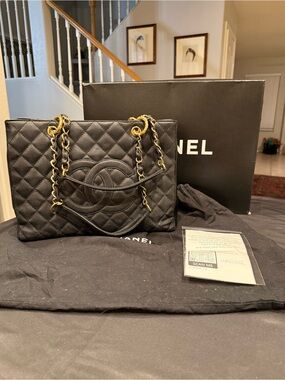 Authentic Chanel GST Grand Shopping Tote Black Caviar Gold Hardware +Entrupy EUC